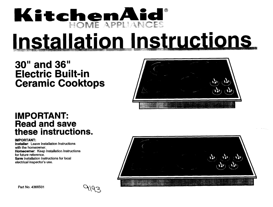 KitchenAid 4366501 installation instructions Electric Built-in Ceramic Cooktops 