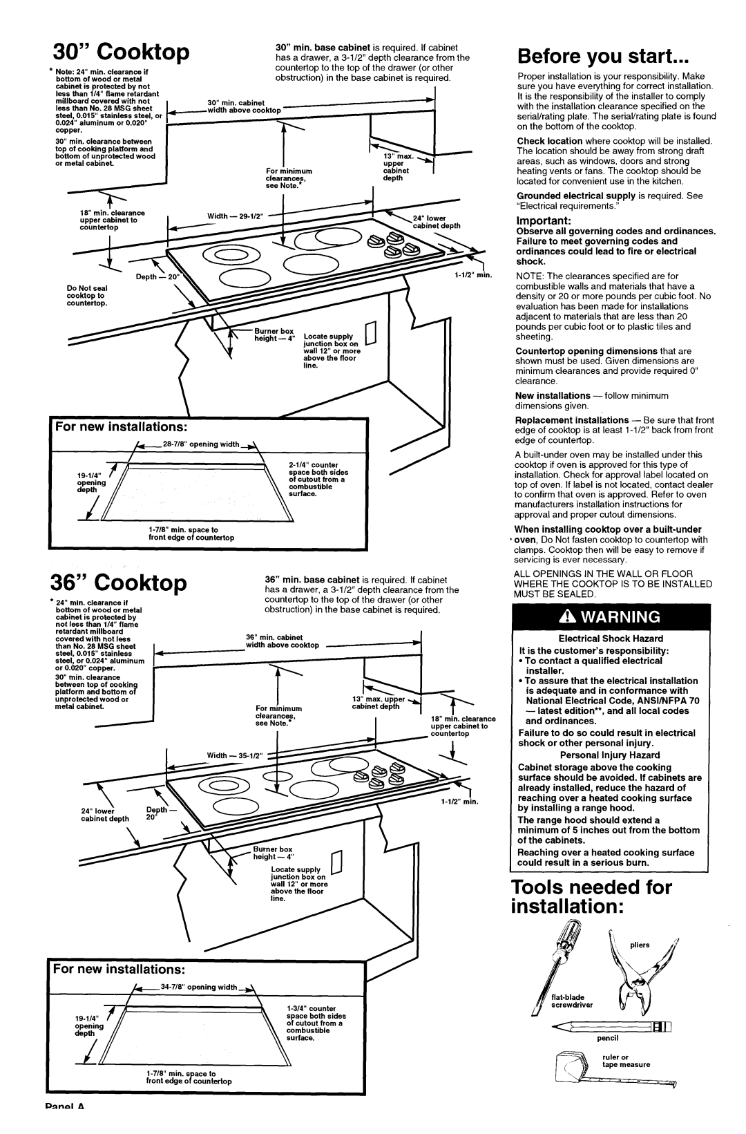 KitchenAid 4366501 Before you start, Tools needed for installation, 36” Cooktop, For new installations 