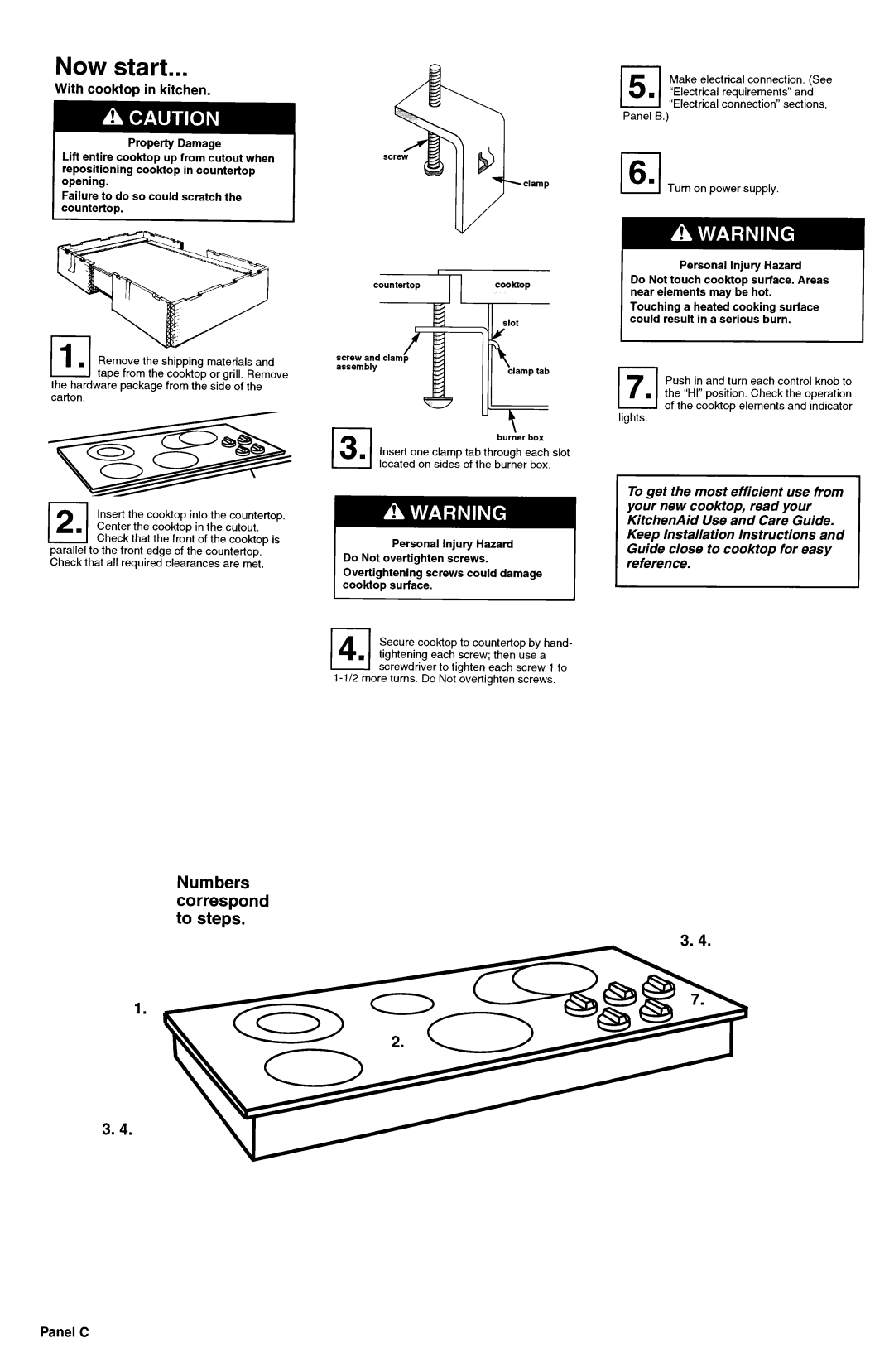 KitchenAid 4366501 installation instructions Now start, With cooktop in kitchen, Panel C, Numbers correspond to steps 