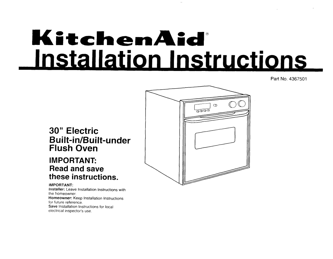 KitchenAid 4367501 installation instructions Electric Built-in/Built-under Flush Oven 