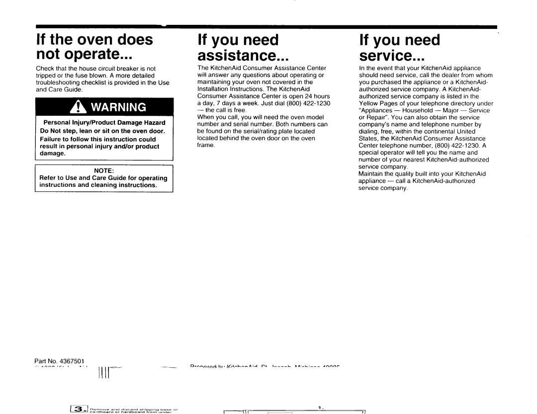 KitchenAid 4367501 installation instructions Prepared by KitchenAid, St. Joseph, Michigan, 1992 