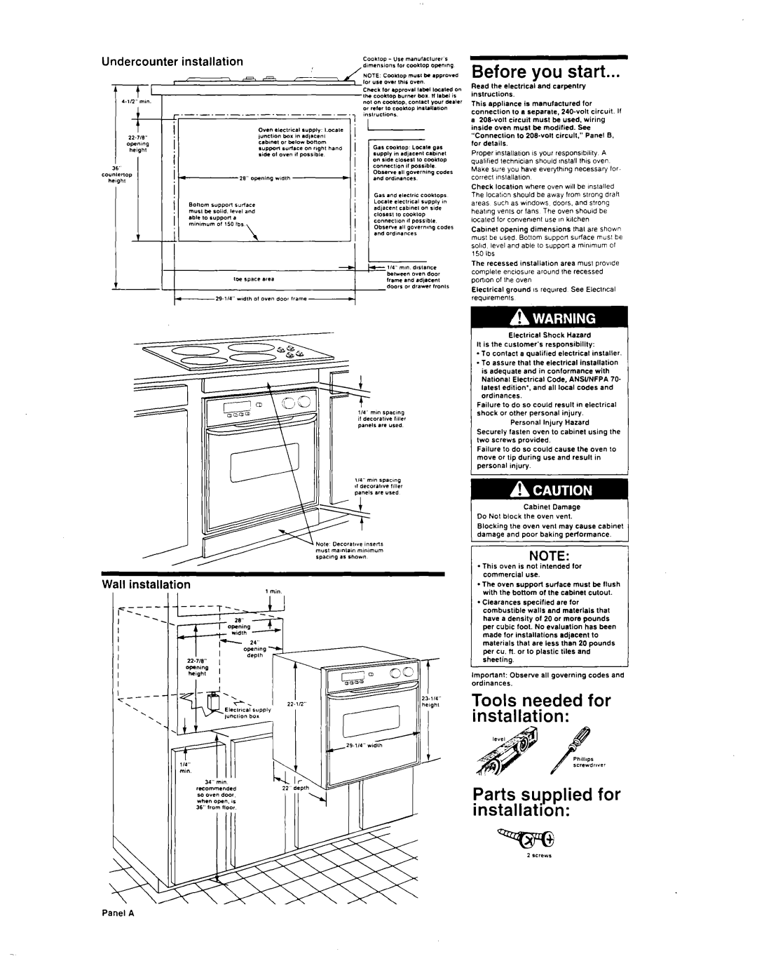 KitchenAid 4367501 A 7-f-l ’, Tools needed for installation ?arts supplied for nstallation, Undercounter installation 