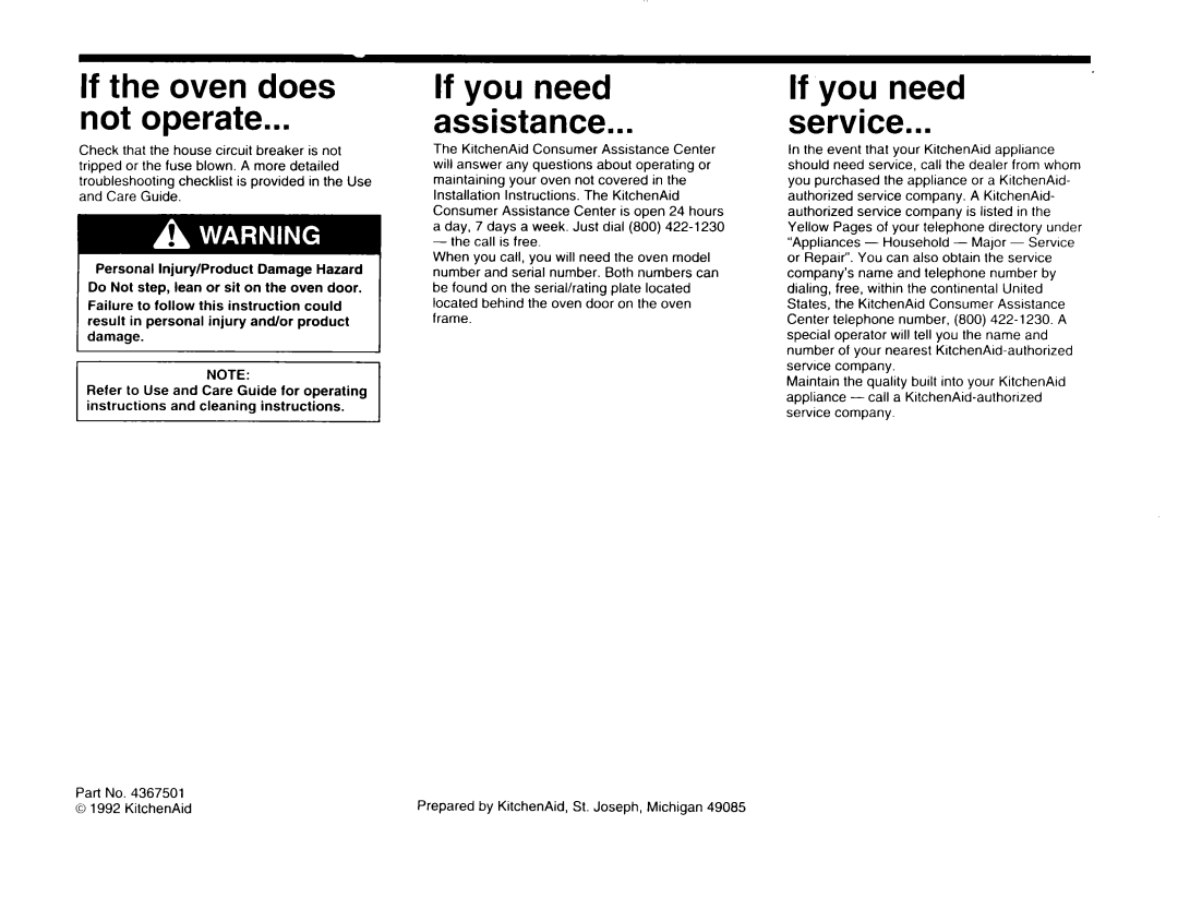 KitchenAid 4367501 installation instructions If the oven does not operate, If you need assistance, service 