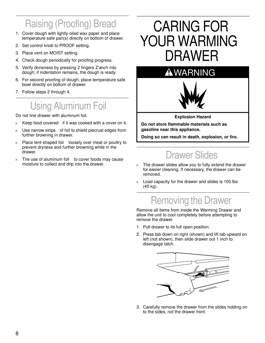 KitchenAid 4452827 manual Caring for Your Warming Drawer, Using Aluminum Foil, Drawer Slides, Removing the Drawer 