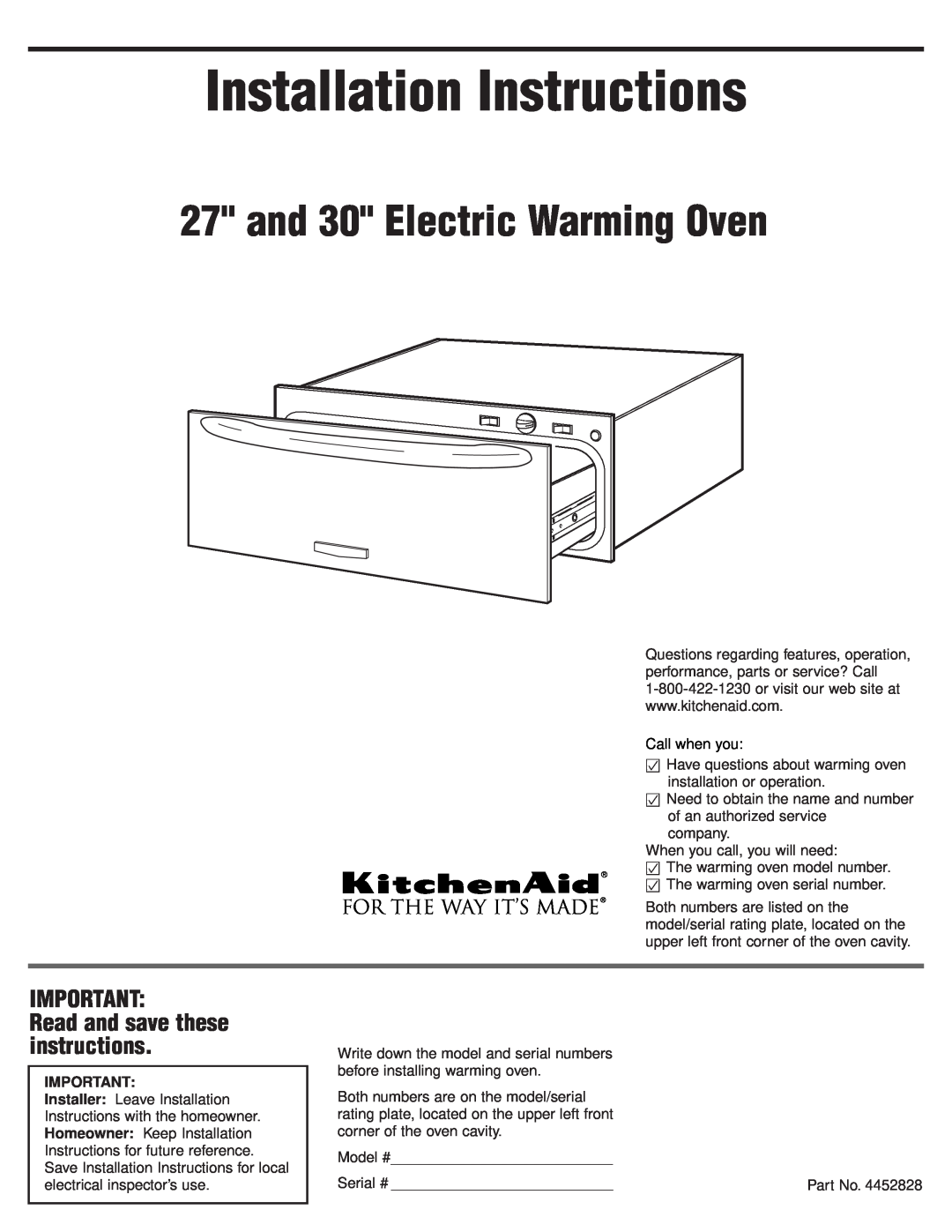 KitchenAid 4452828 installation instructions Installation Instructions, and 30 Electric Warming Oven 