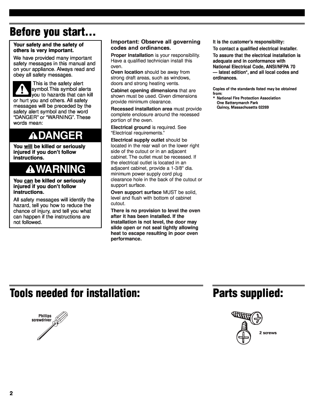 KitchenAid 4452828 installation instructions Before you start, Tools needed for installation, Danger, Parts supplied 