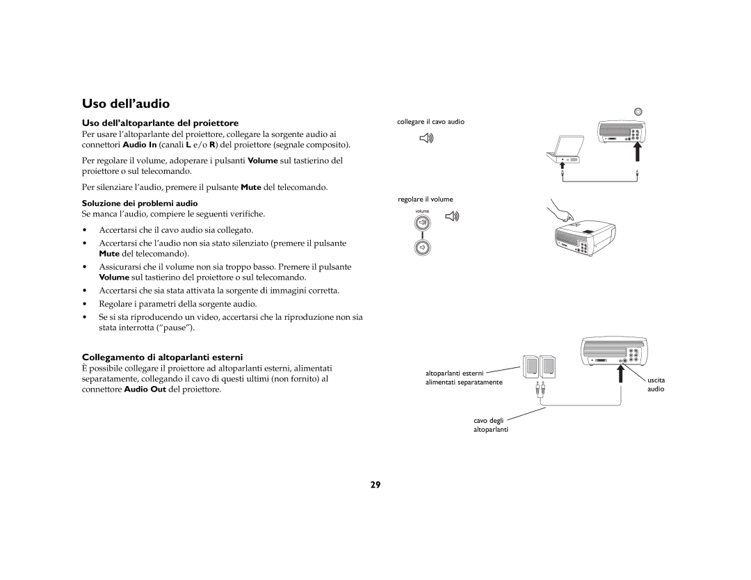 KitchenAid 4805 manual Uso dell’audio, Uso dell’altoparlante del proiettore, Collegamento di altoparlanti esterni 