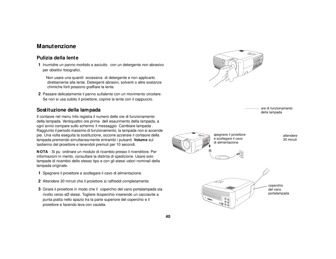 KitchenAid 4805 manual Manutenzione, Pulizia della lente, Sostituzione della lampada 