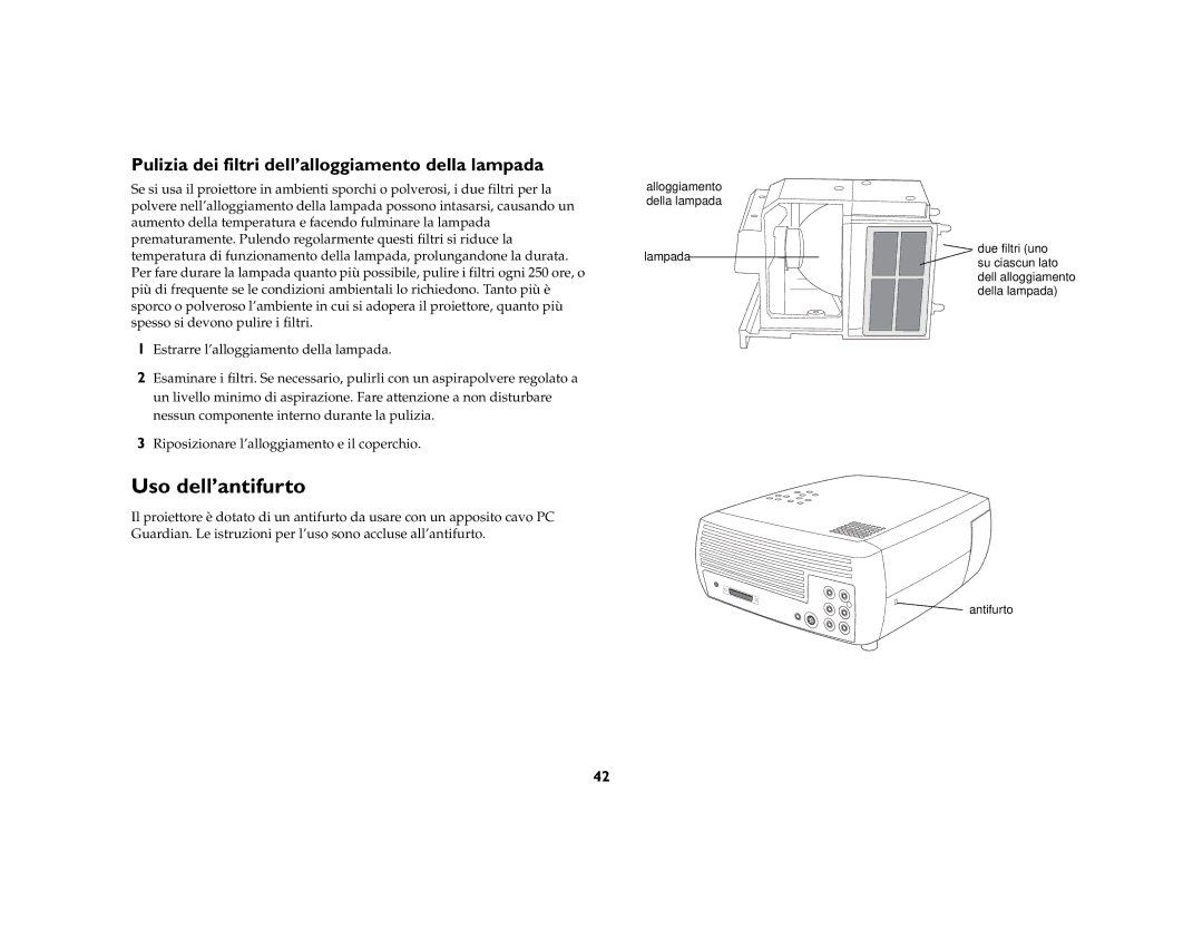 KitchenAid 4805 manual Uso dell’antifurto, Pulizia dei filtri dell’alloggiamento della lampada 