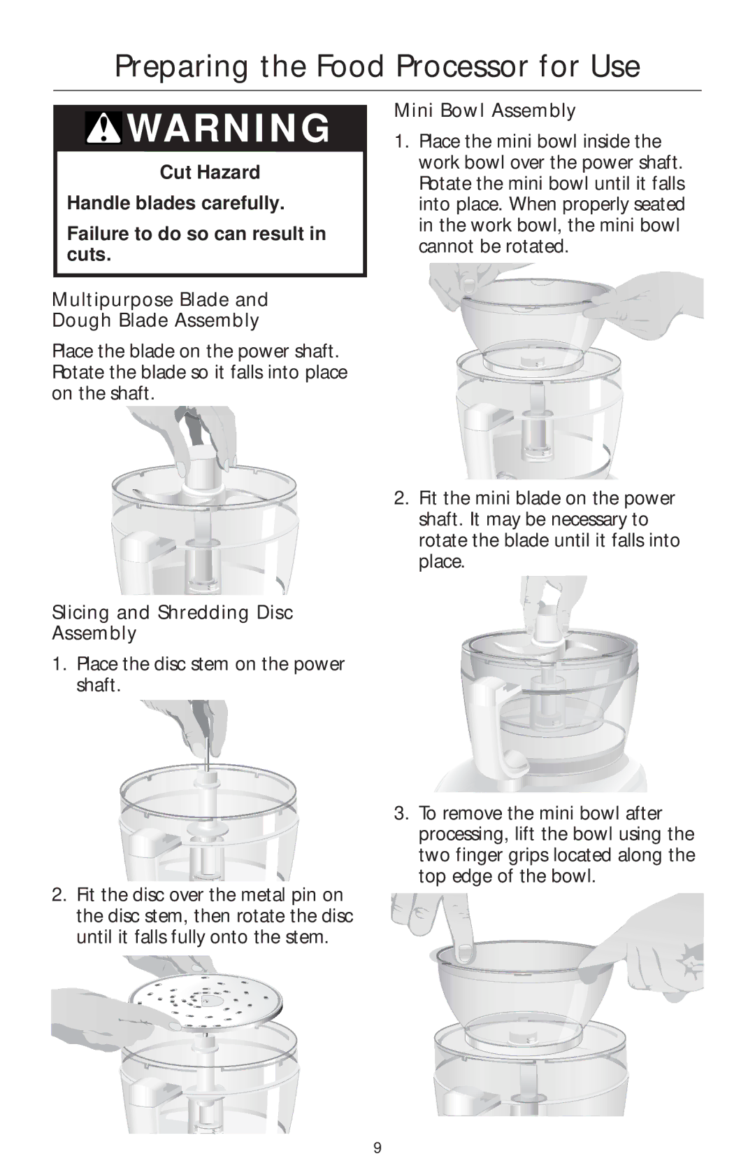 KitchenAid 4KFP740 manual Slicing and Shredding Disc Assembly, Mini Bowl Assembly 