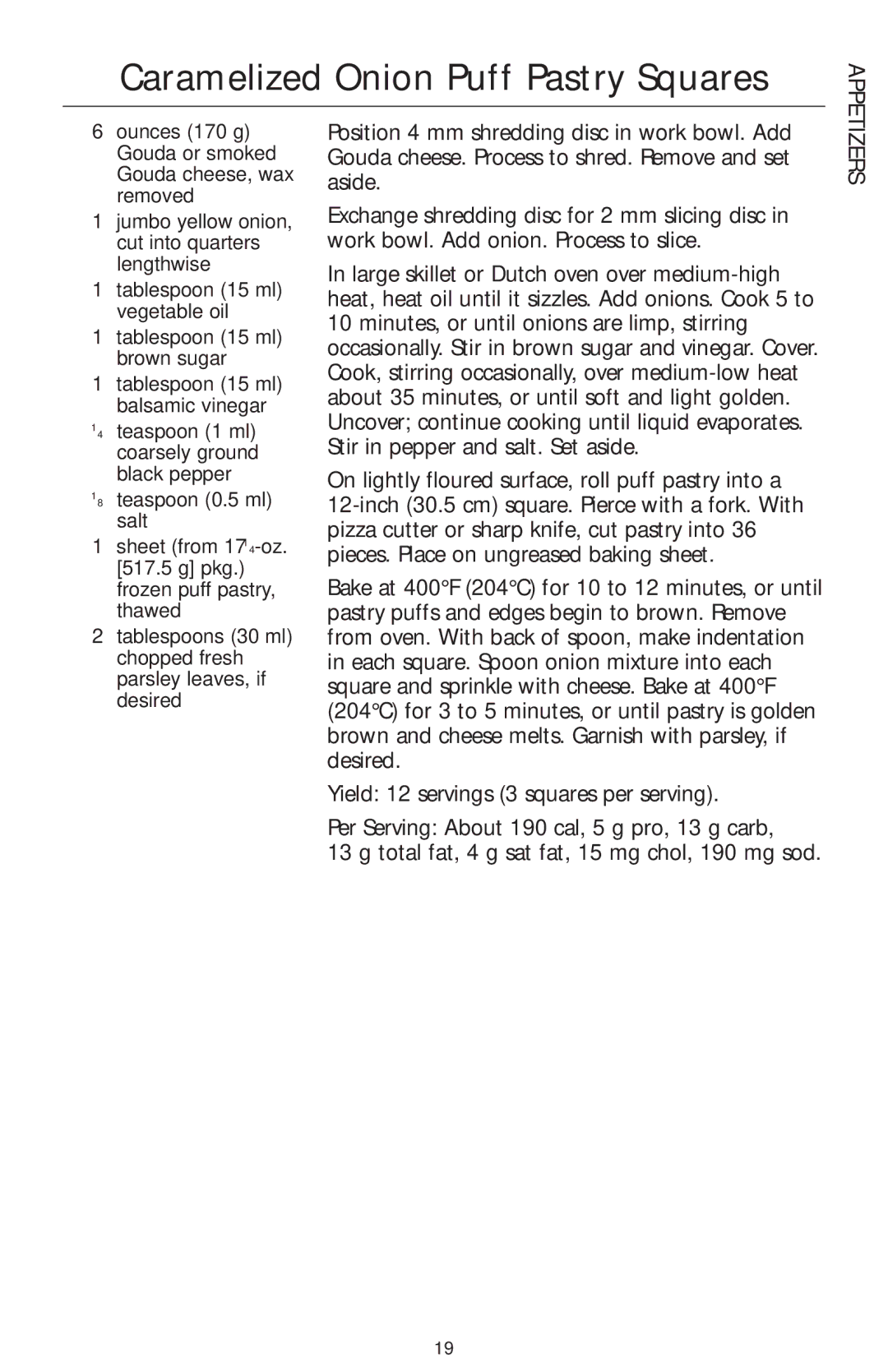 KitchenAid 4KFP740 manual Caramelized Onion Puff Pastry Squares 