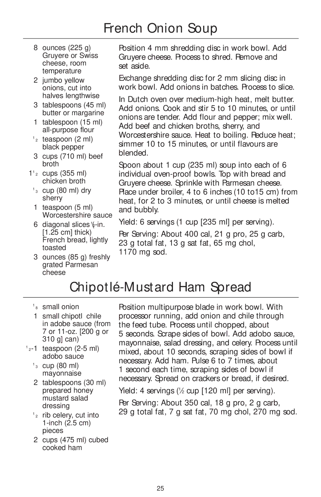 KitchenAid 4KFP740 manual French Onion Soup, Chipotlé-Mustard Ham Spread 