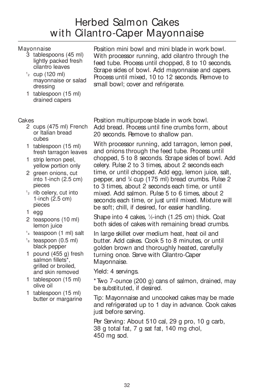 KitchenAid 4KFP740 manual Herbed Salmon Cakes With Cilantro-Caper Mayonnaise, ⁄2 cup 120 ml mayonnaise or salad dressing 