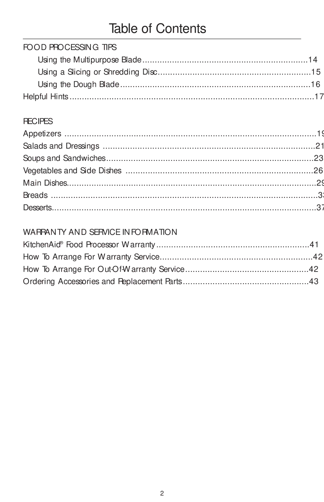 KitchenAid 4KFP740 manual Table of Contents 