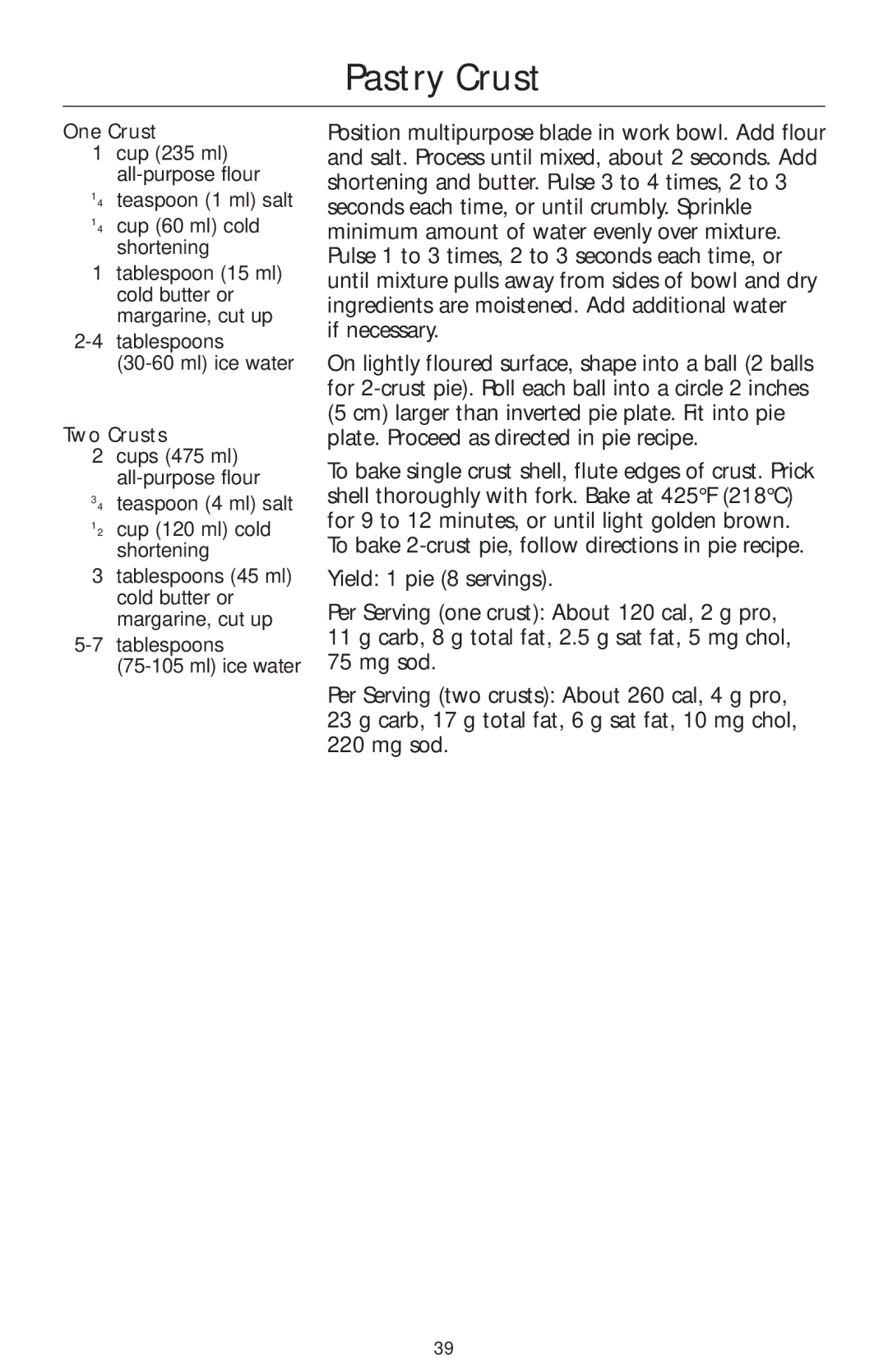 KitchenAid 4KFP740 manual Pastry Crust, One Crust, Two Crusts 