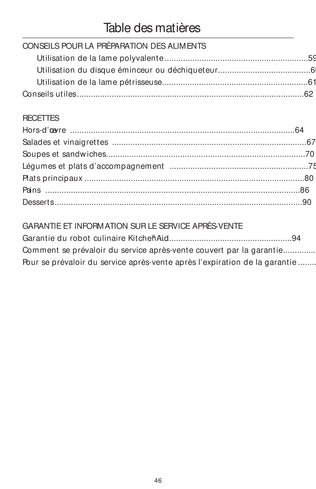 KitchenAid 4KFP740 manual Table des matières, Conseils Pour LA Préparation DES Aliments 