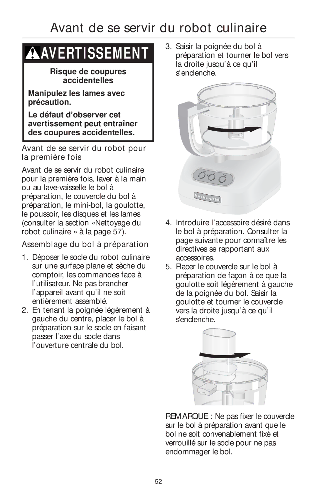 KitchenAid 4KFP740 manual Avant de se servir du robot culinaire, Assemblage du bol à préparation 