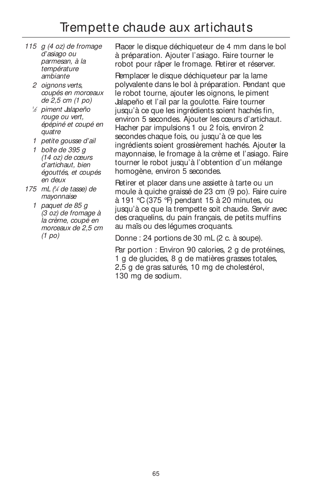 KitchenAid 4KFP740 manual Trempette chaude aux artichauts 