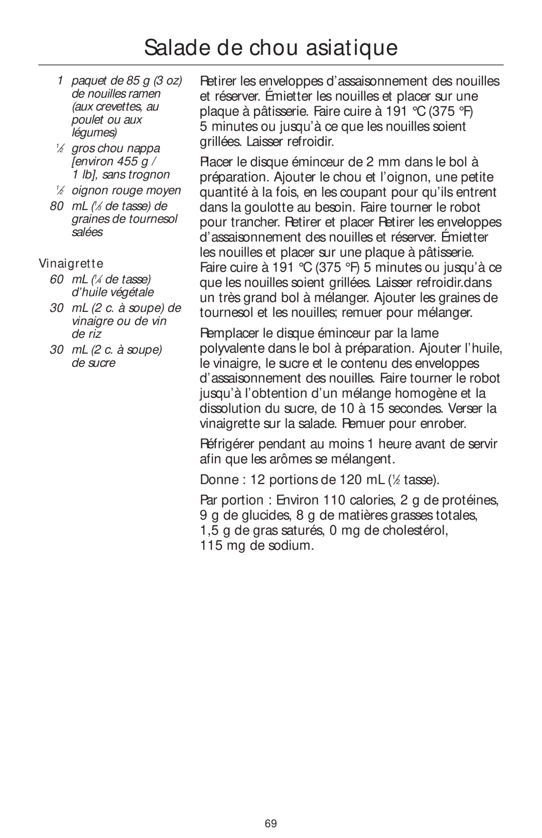 KitchenAid 4KFP740 manual Salade de chou asiatique, Vinaigrette 