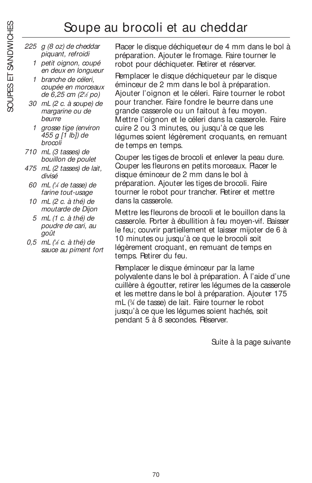 KitchenAid 4KFP740 manual Soupe au brocoli et au cheddar, 475 mL 2 tasses de lait, divisé 