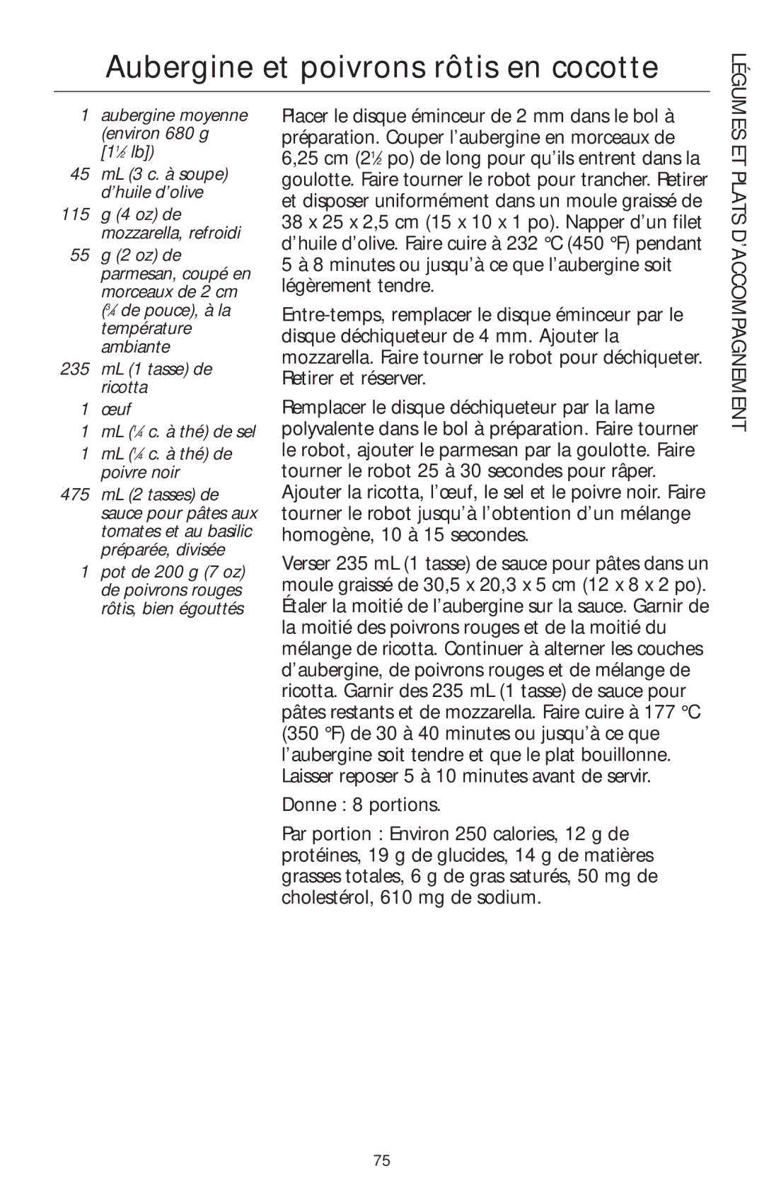 KitchenAid 4KFP740 manual Aubergine et poivrons rôtis en cocotte, ET Plats D’ACCOMPAGNEMENT 