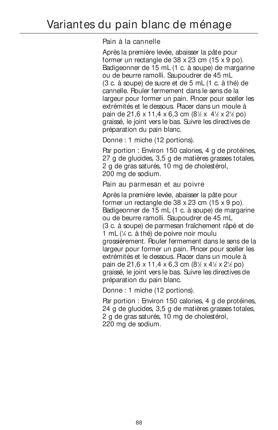 KitchenAid 4KFP740 manual Variantes du pain blanc de ménage, Pain à la cannelle, Pain au parmesan et au poivre 