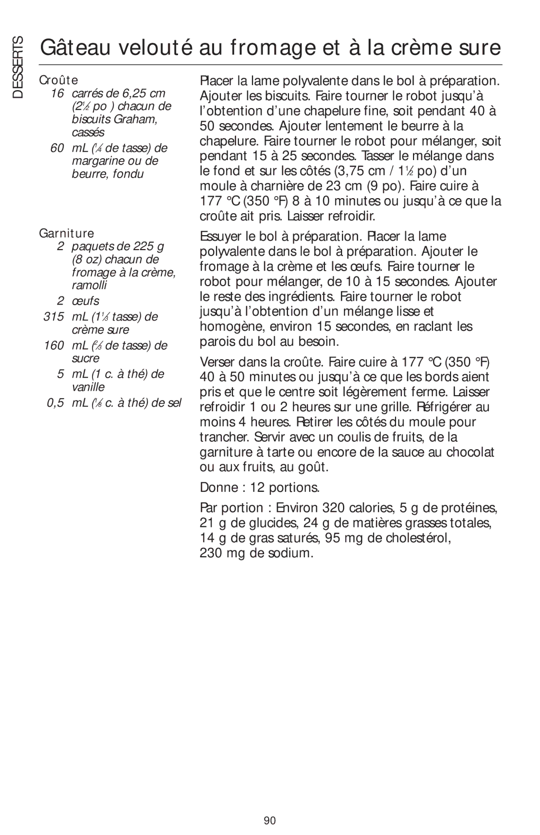 KitchenAid 4KFP740 manual Gâteau velouté au fromage et à la crème sure, Desserts 