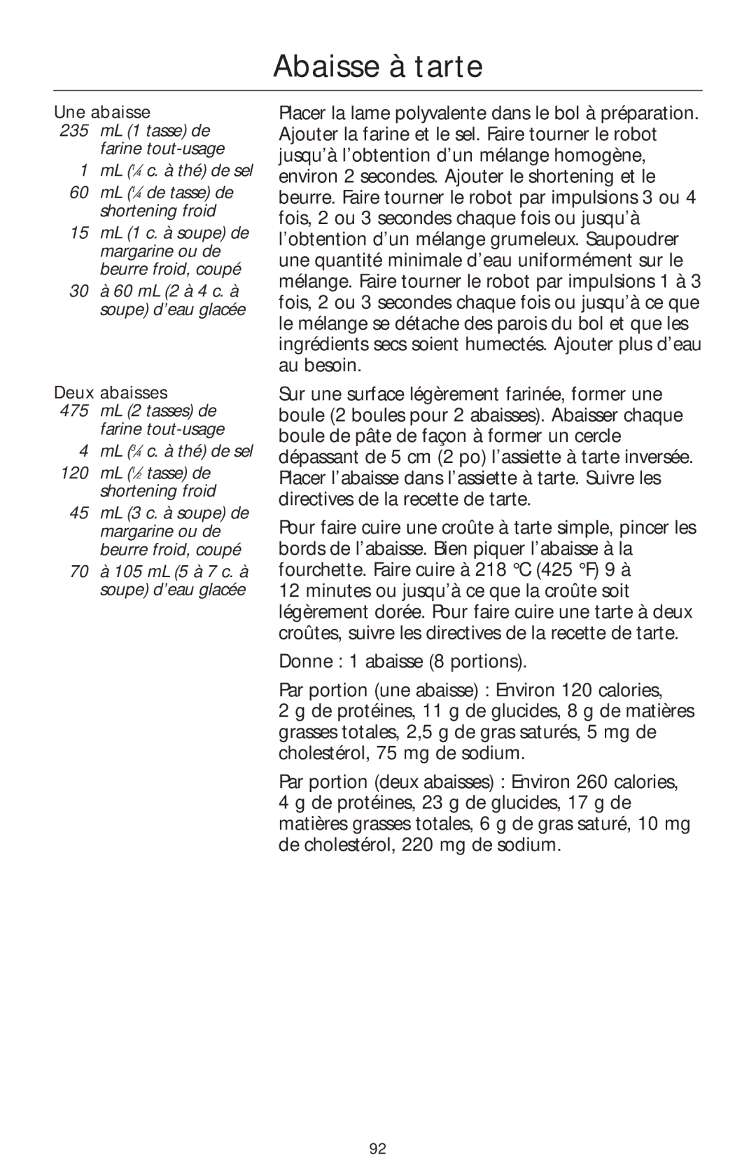 KitchenAid 4KFP740 manual Abaisse à tarte, Une abaisse, Deux abaisses 