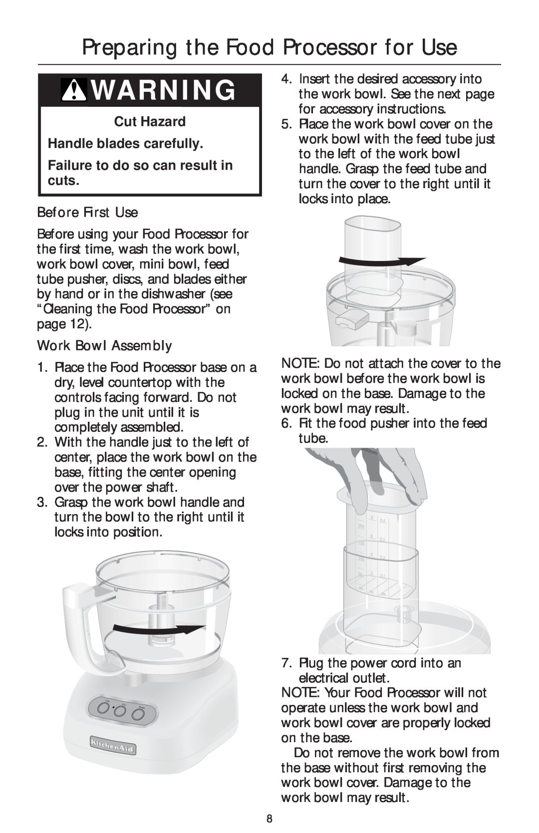 KitchenAid 4KFP740 manual Preparing the Food Processor for Use, Cut Hazard Handle blades carefully, Before First Use 