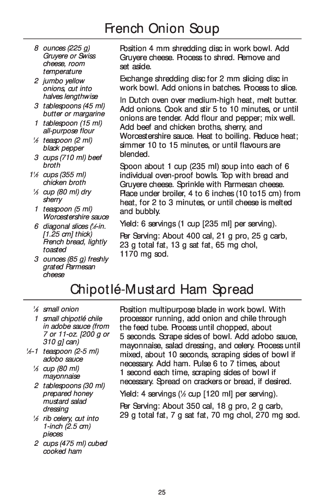 KitchenAid 4KFP740 manual French Onion Soup, Chipotlé-Mustard Ham Spread 
