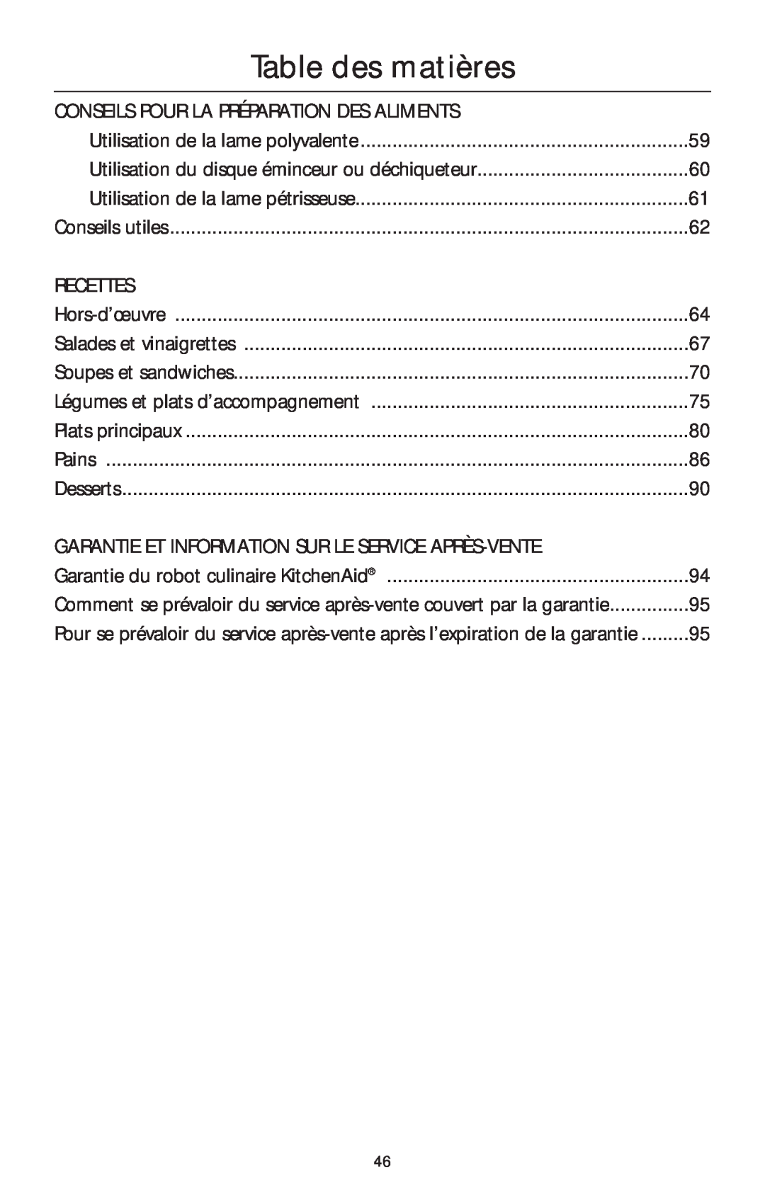 KitchenAid 4KFP740 manual Table des matières, Conseils Pour La Préparation Des Aliments, Recettes 