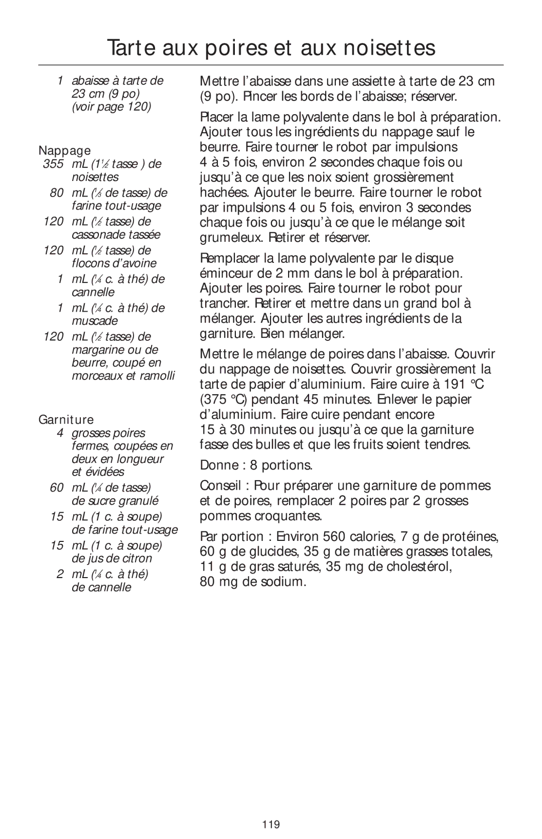 KitchenAid 4KFP750 manual Tarte aux poires et aux noisettes, Abaisse à tarte de 23 cm 9 po voir, Nappage 