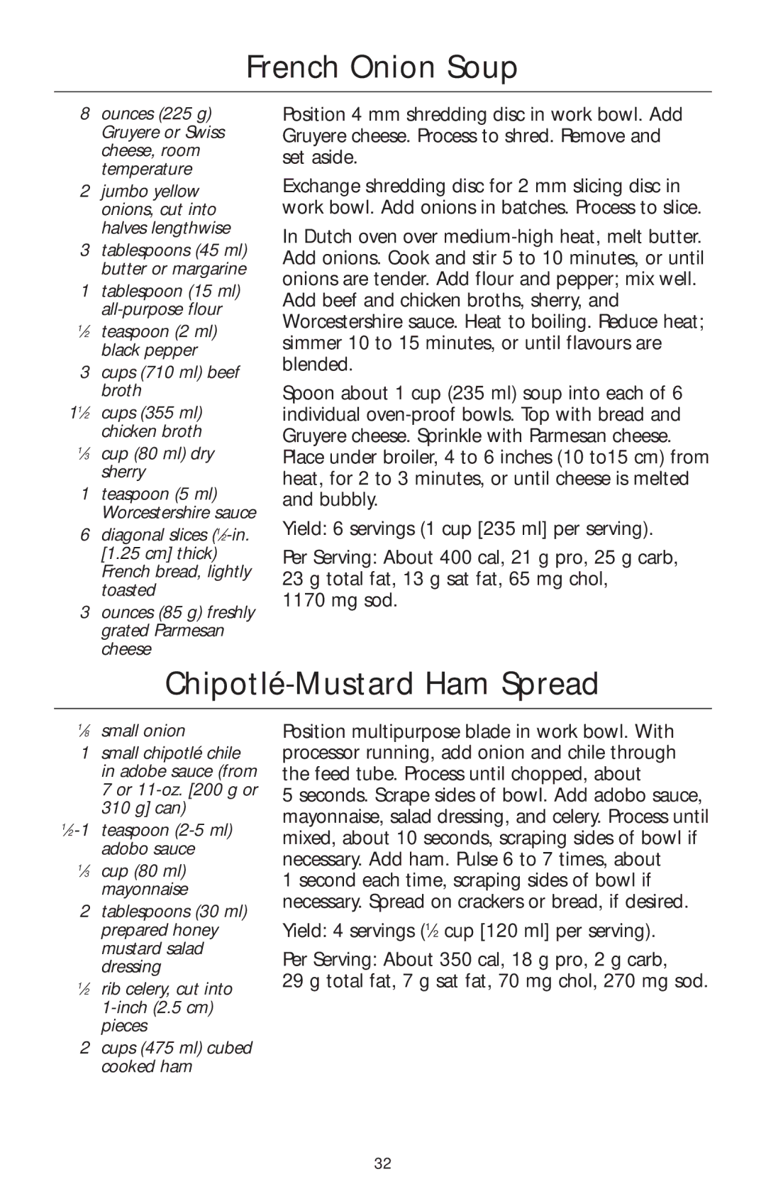 KitchenAid 4KFP750 manual French Onion Soup, Chipotlé-Mustard Ham Spread, Ounces 85 g freshly grated Parmesan cheese 