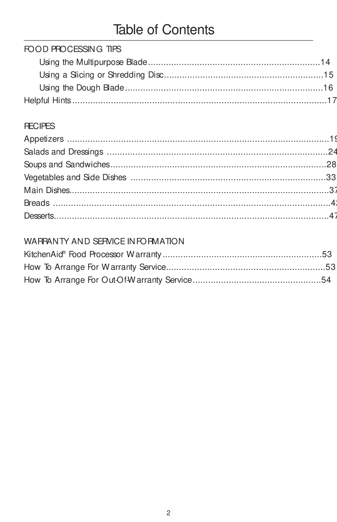 KitchenAid 4KFP750 manual Table of Contents 