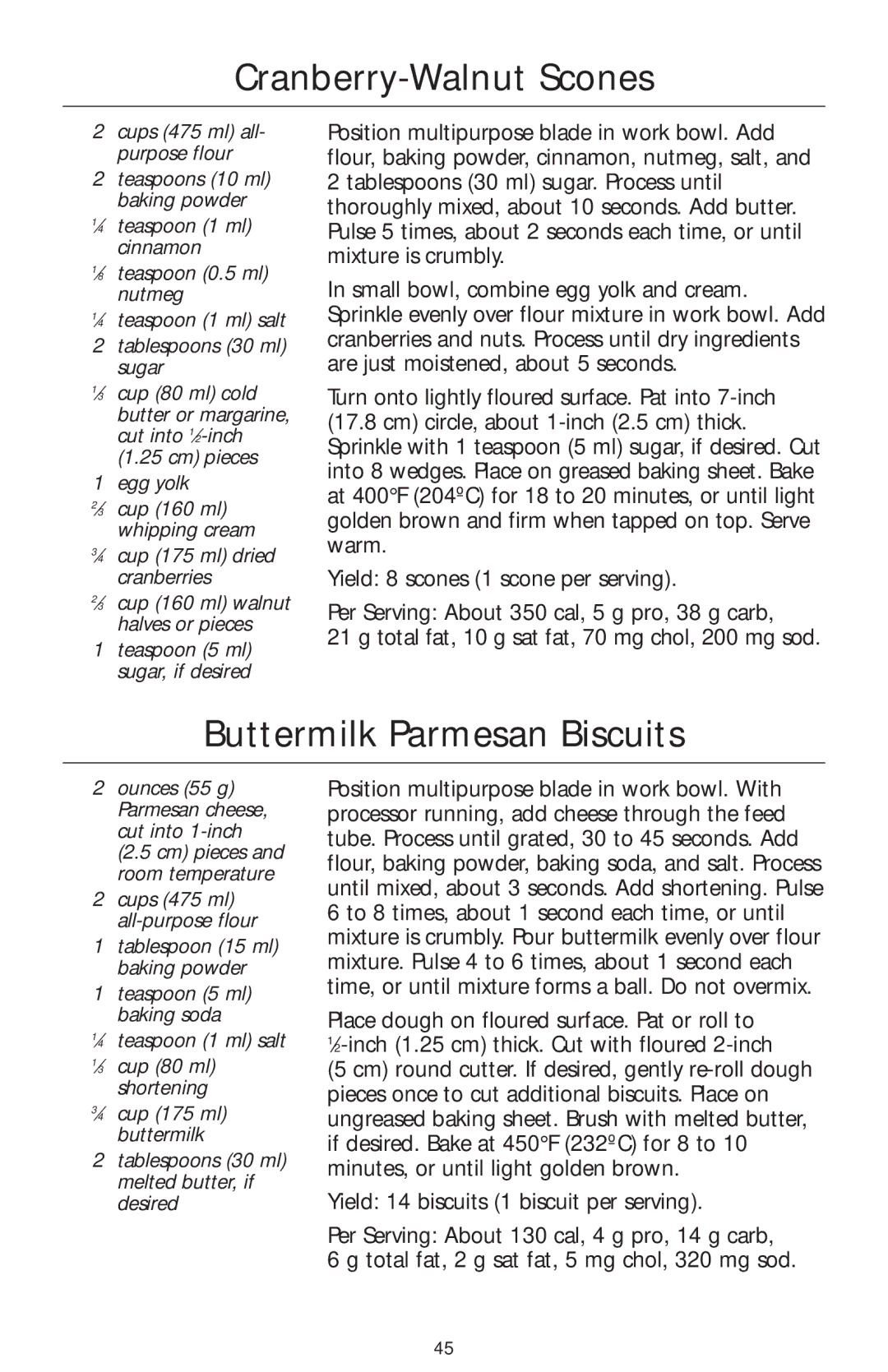 KitchenAid 4KFP750 manual Cranberry-Walnut Scones, Buttermilk Parmesan Biscuits, Cm pieces Egg yolk 