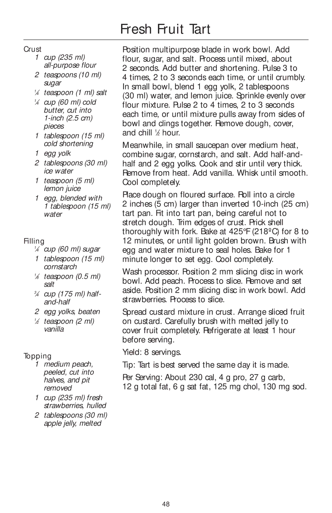 KitchenAid 4KFP750 manual Fresh Fruit Tart, Egg yolk Tablespoons 30 ml ice water, Egg, blended with Tablespoon 15 ml water 