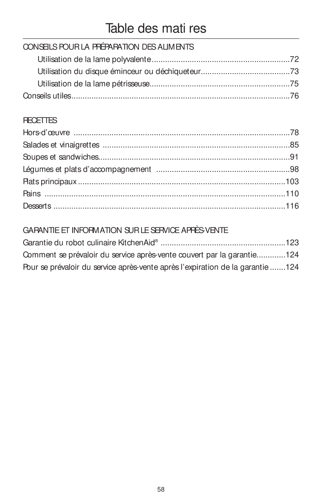 KitchenAid 4KFP750 manual Table des matières, Conseils Pour LA Préparation DES Aliments 