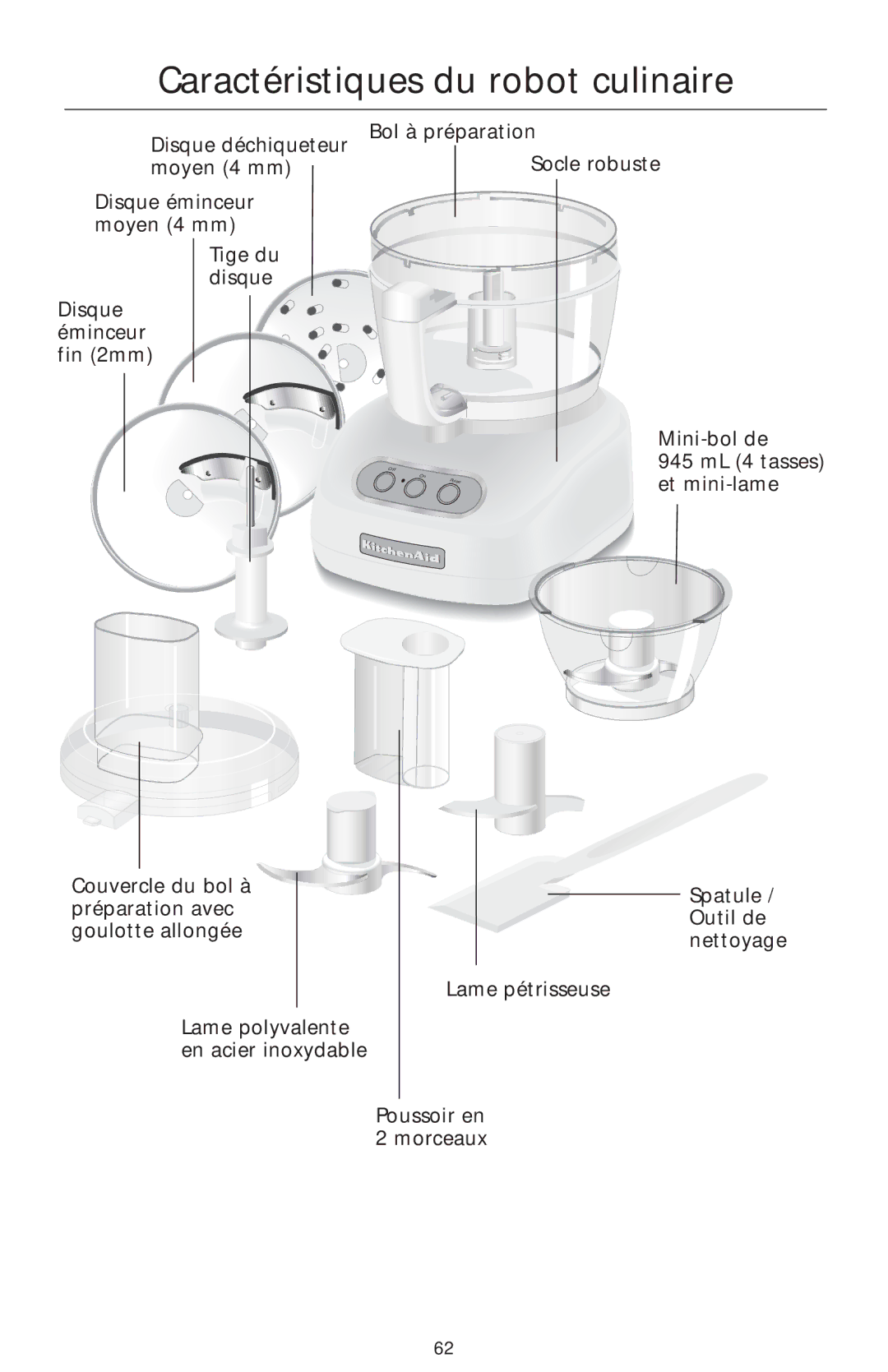 KitchenAid 4KFP750 manual Caractéristiques du robot culinaire, Disque déchiqueteur Bol à préparation Moyen 4 mm 