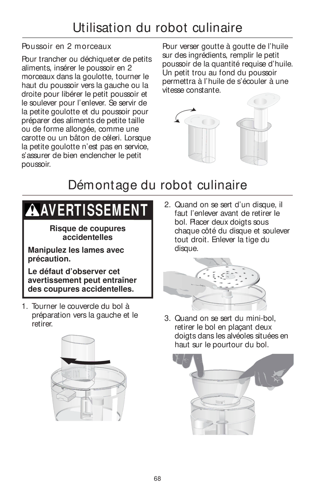 KitchenAid 4KFP750 manual Démontage du robot culinaire, Poussoir en 2 morceaux 