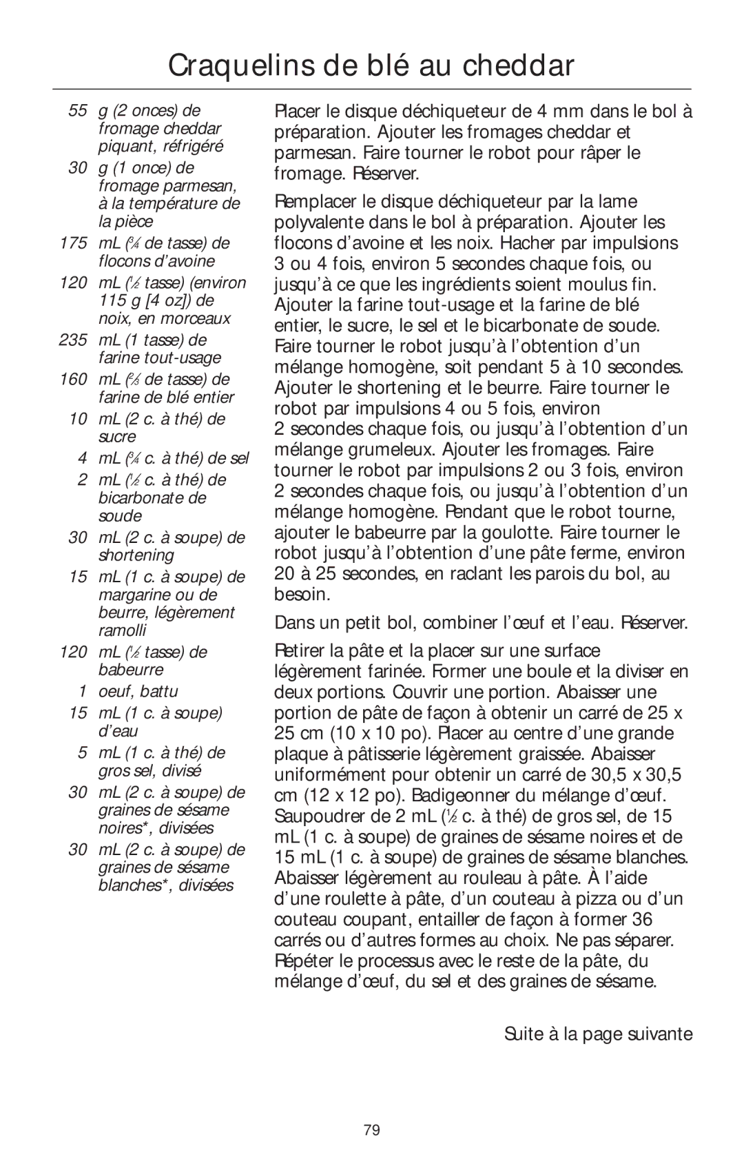 KitchenAid 4KFP750 manual Craquelins de blé au cheddar 