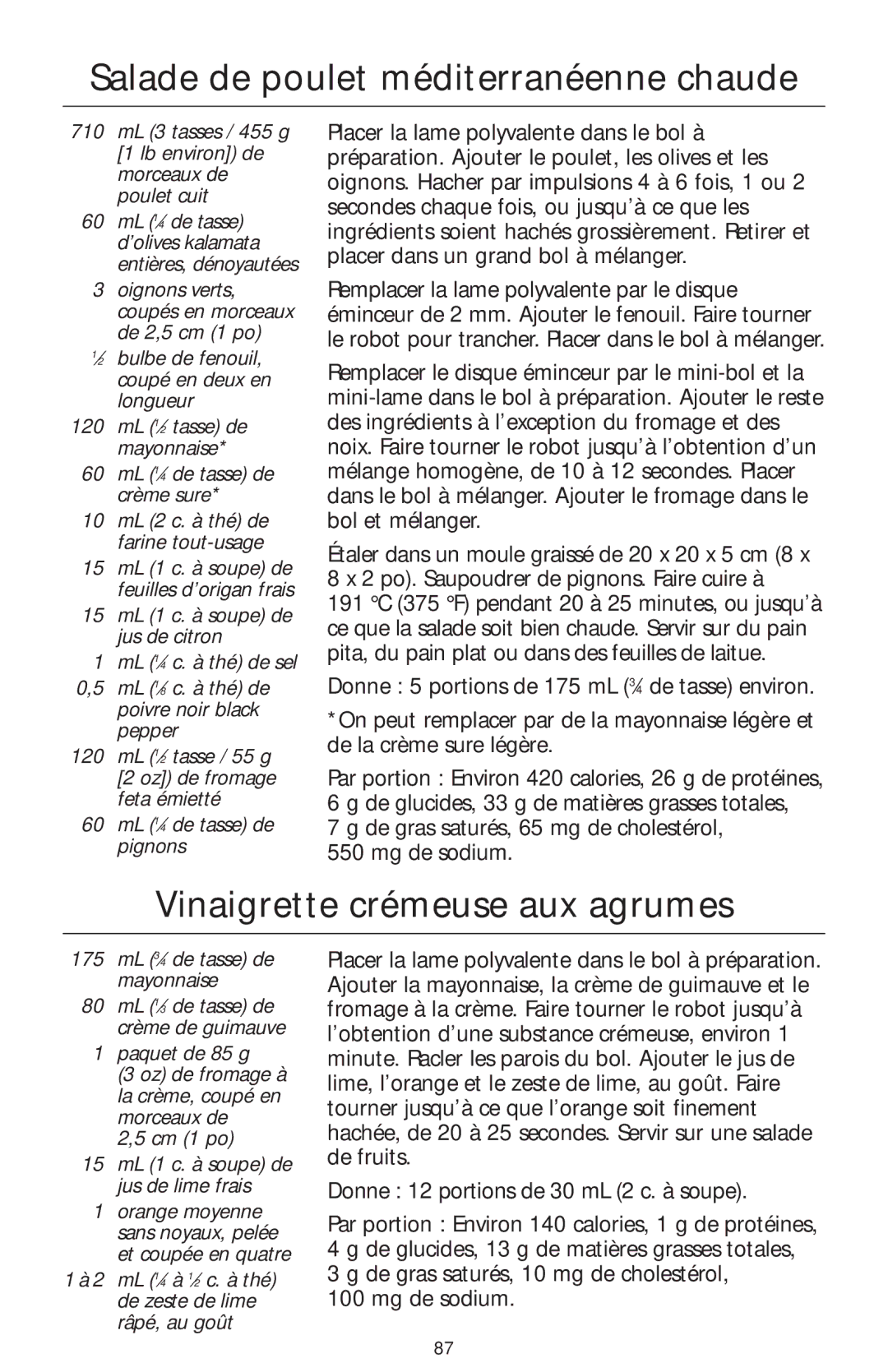 KitchenAid 4KFP750 manual Salade de poulet méditerranéenne chaude, Vinaigrette crémeuse aux agrumes 