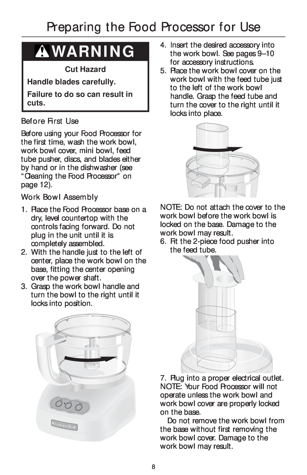 KitchenAid 4KFP750 manual Preparing the Food Processor for Use, Cut Hazard Handle blades carefully, Before First Use 