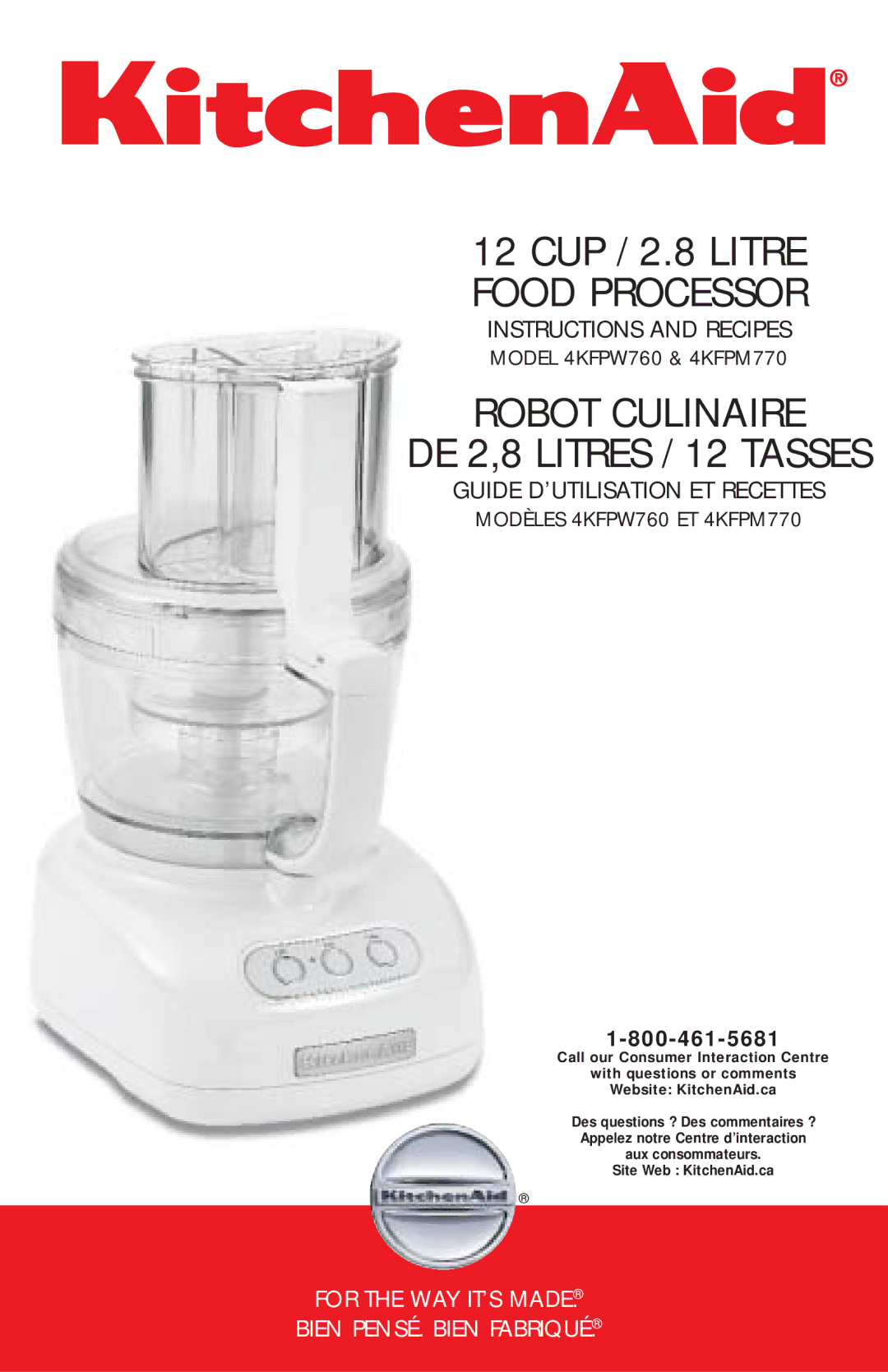 KitchenAid 4KFPM770, 4KFPW760 manual Robot Culinaire DE 2,8 Litres / 12 Tasses 