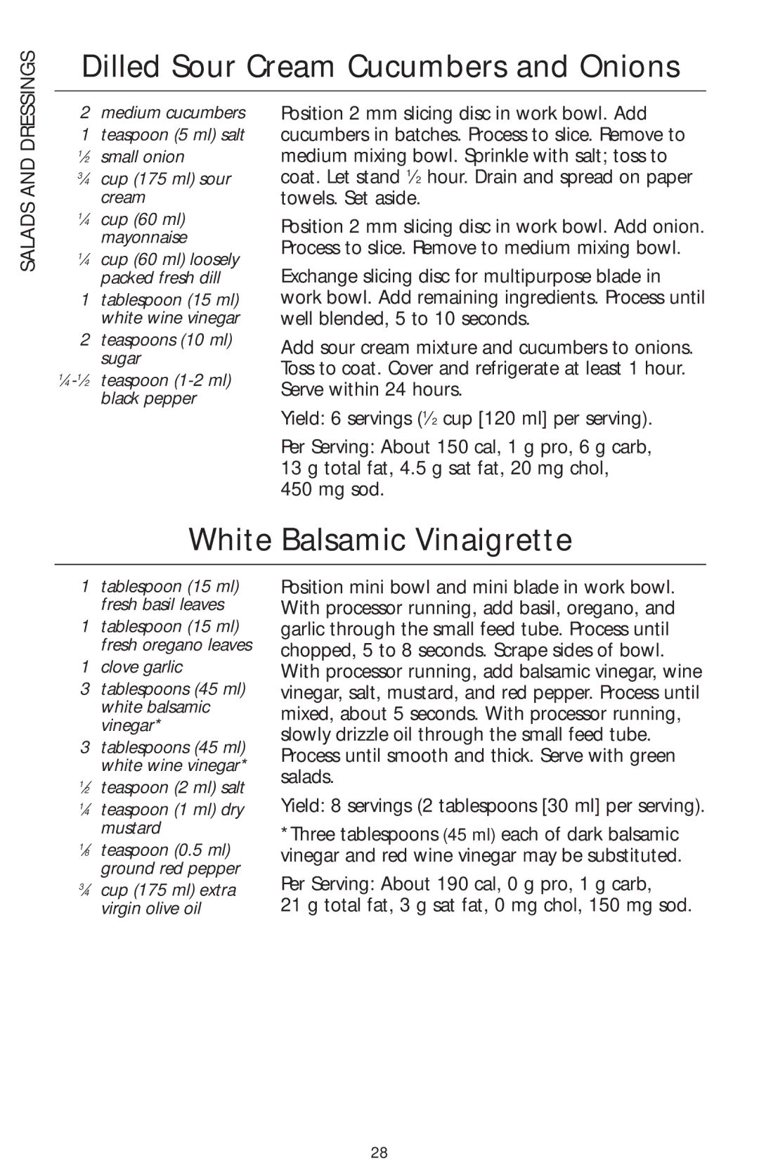 KitchenAid 4KFPW760, 4KFPM770 manual Dilled Sour Cream Cucumbers and Onions, White Balsamic Vinaigrette, Salads 
