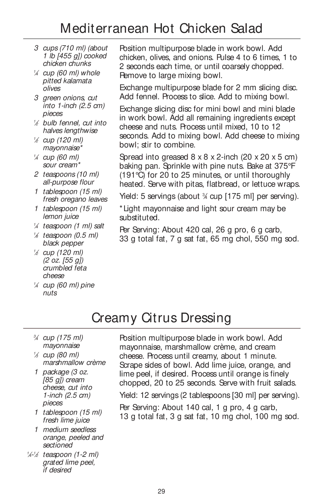 KitchenAid 4KFPM770, 4KFPW760 manual Mediterranean Hot Chicken Salad, Creamy Citrus Dressing, ⁄4 cup 60 ml sour cream 