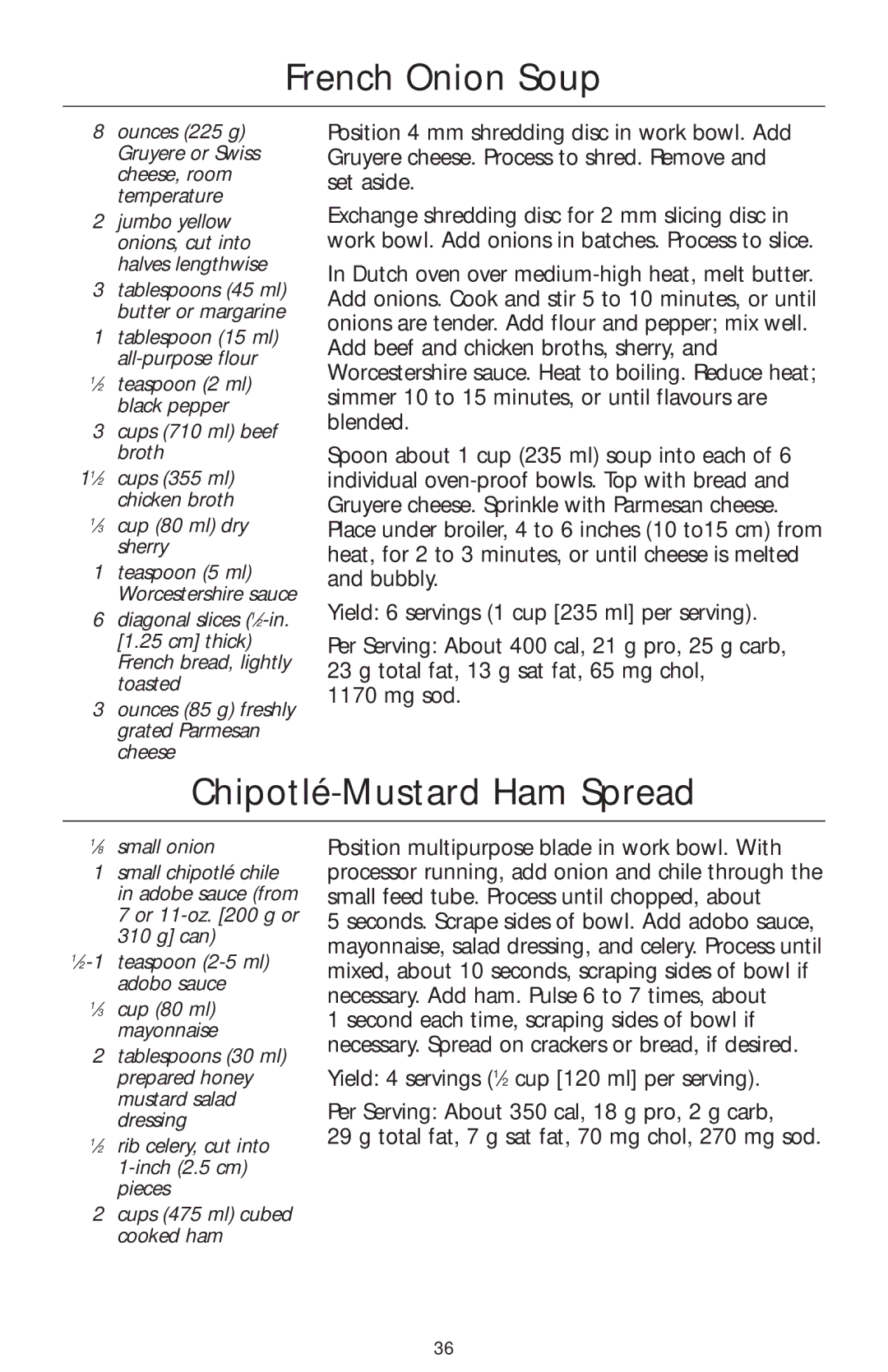 KitchenAid 4KFPW760, 4KFPM770 French Onion Soup, Chipotlé-Mustard Ham Spread, Ounces 85 g freshly grated Parmesan cheese 