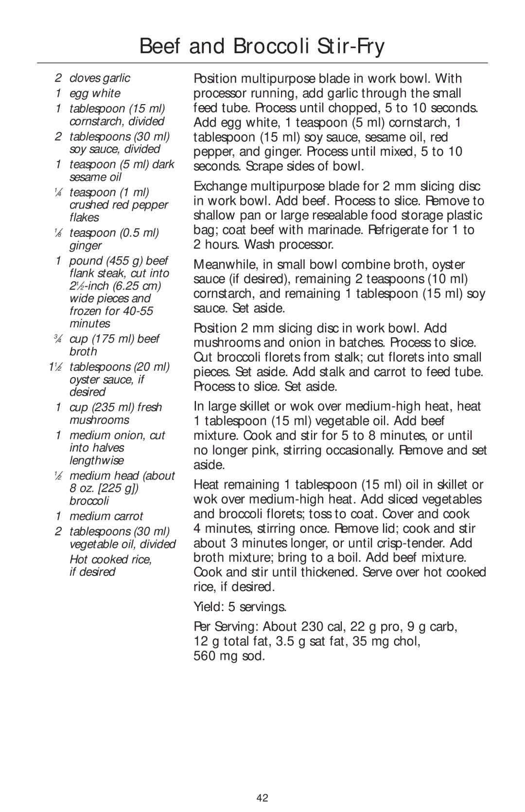 KitchenAid 4KFPW760, 4KFPM770 manual Beef and Broccoli Stir-Fry, Cloves garlic Egg white, Hot cooked rice, if desired 