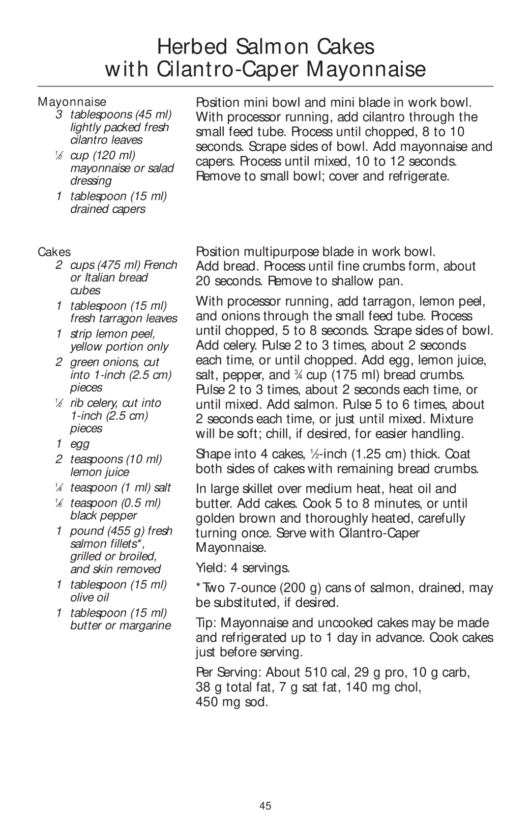 KitchenAid 4KFPM770 manual Herbed Salmon Cakes With Cilantro-Caper Mayonnaise, ⁄2 cup 120 ml mayonnaise or salad dressing 