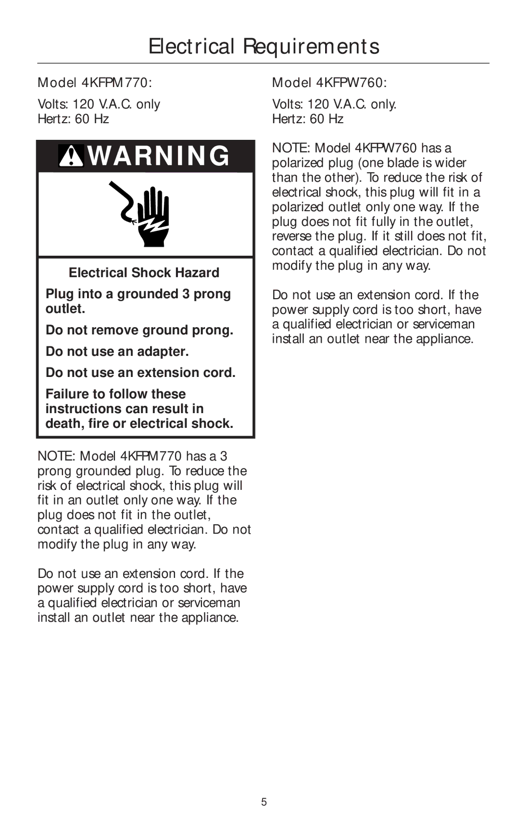 KitchenAid manual Electrical Requirements, Model 4KFPM770, Model 4KFPW760 