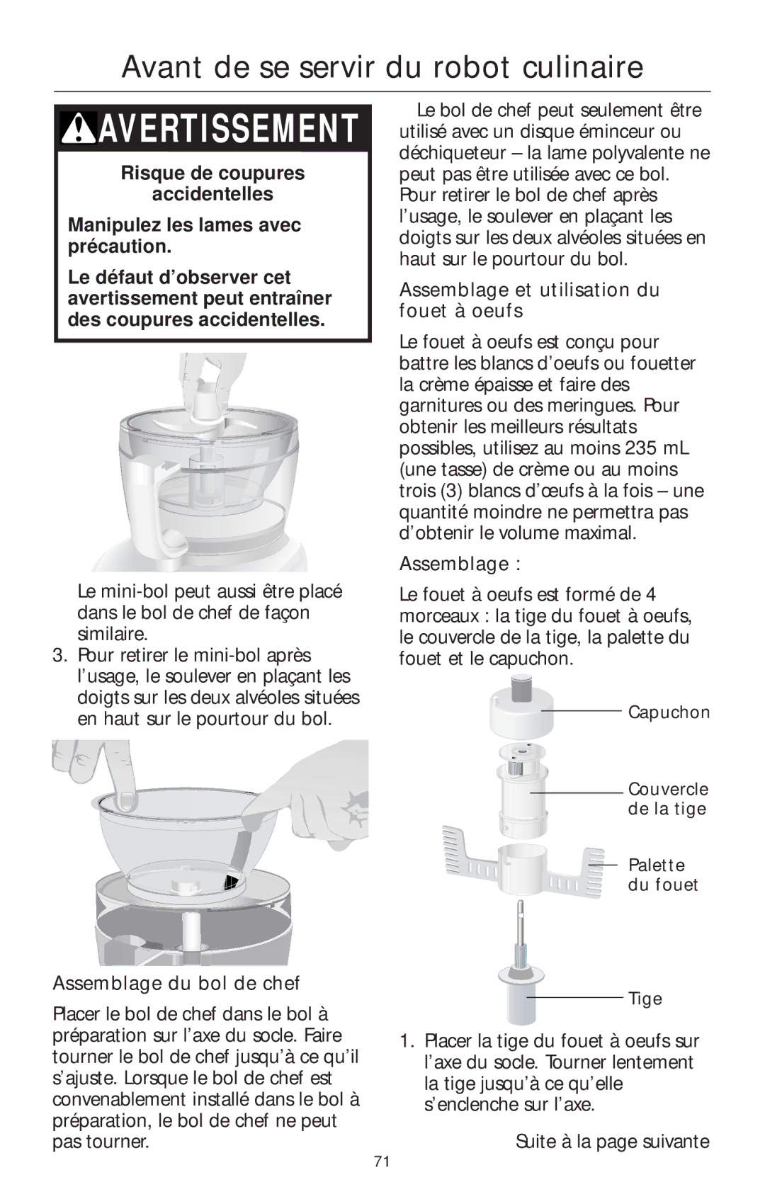 KitchenAid 4KFPM770, 4KFPW760 manual Assemblage et utilisation du fouet à oeufs, Assemblage du bol de chef, Tige 